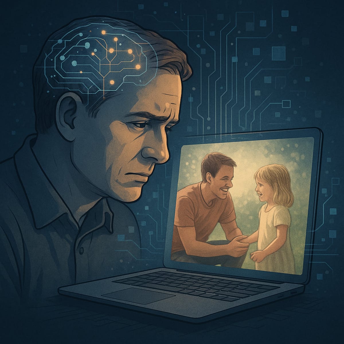 A middle-aged man with a digital circuit pattern on his head gazes sadly at a laptop showing a memory of a younger man and a child, set against a dark, tech-themed background.