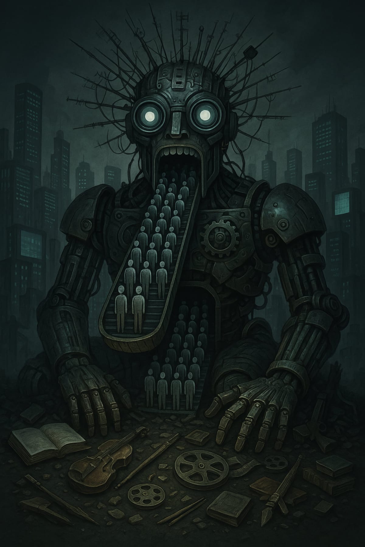 Mechanical deity with glowing eyes consumes faceless humans on conveyor belts; crushed art lies below; antennas radiate; dystopian city glows behind.