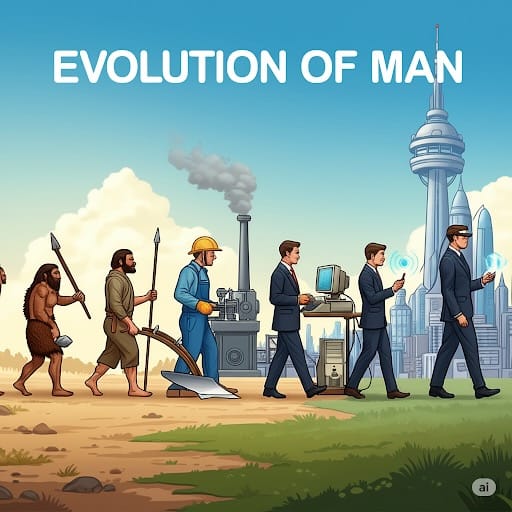 Image showing man evolving from caveman to the future in stages from spear to farming equipment to industrialized and then digital 