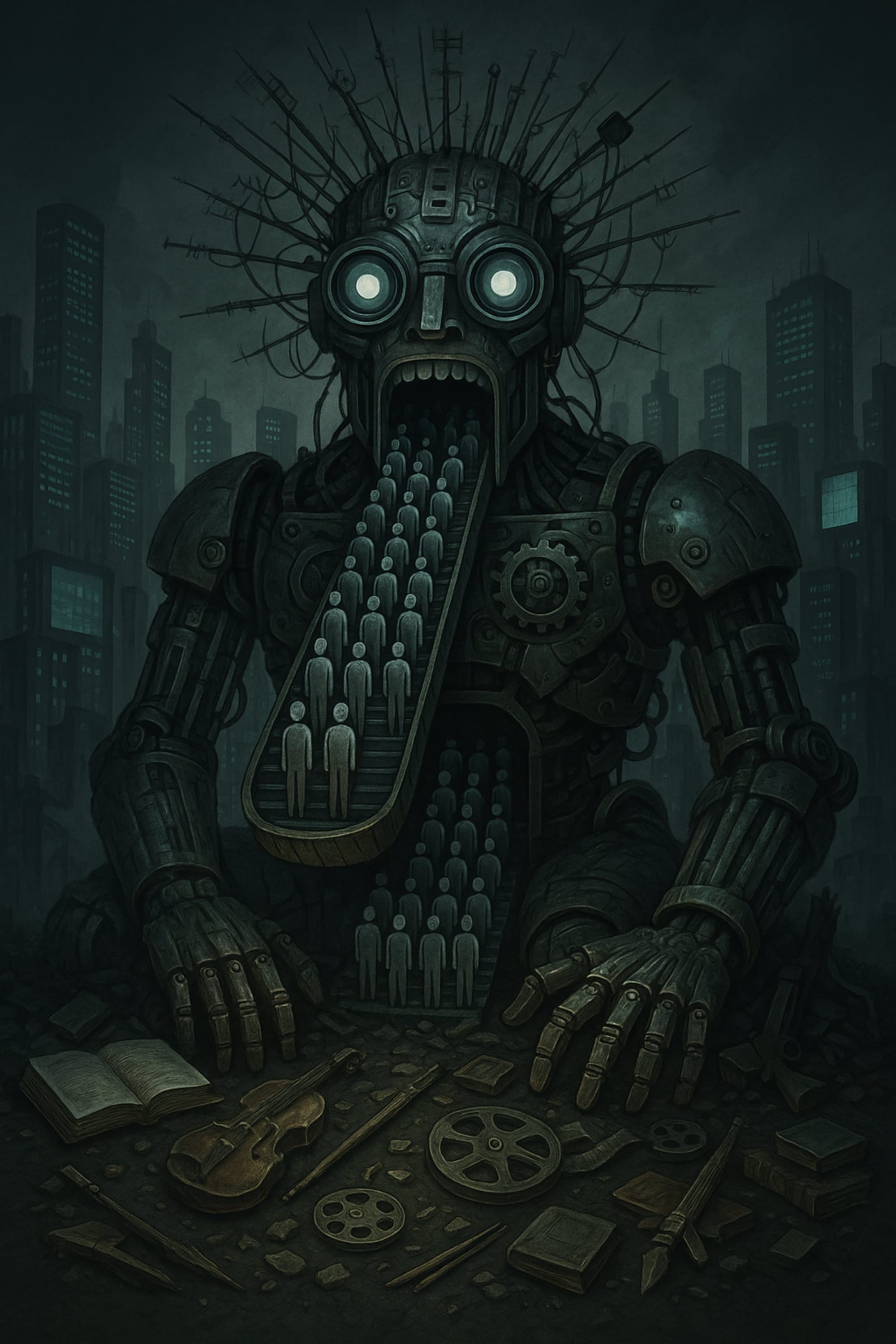 Mechanical deity with glowing eyes consumes faceless humans on conveyor belts; crushed art lies below; antennas radiate; dystopian city glows behind.