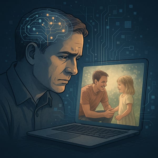 A middle-aged man with a digital circuit pattern on his head gazes sadly at a laptop showing a memory of a younger man and a child, set against a dark, tech-themed background.